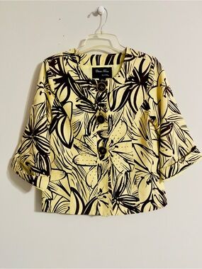 Vintage Beaded Floral Silk Blazer Jacket M Wood Buttons Botanical Artsy Boho